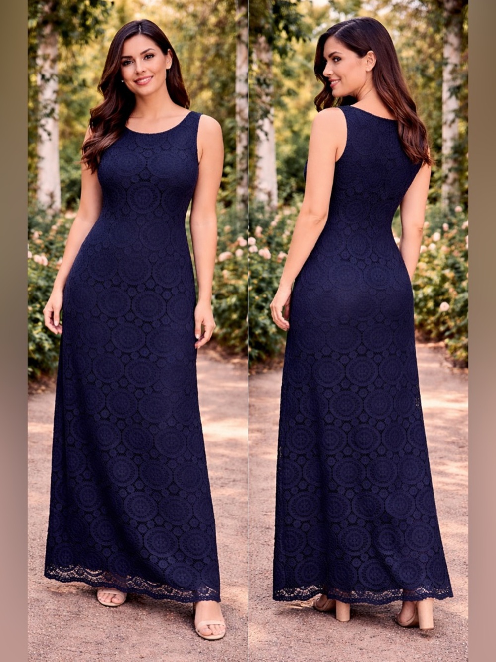 Tacera Navy Blue Sleeveless Lace Maxi Dress 2X